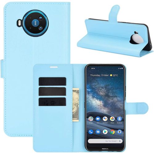 Étui Pour Nokia 8.3 6 81 Pouces Pu Cuir Housse Flip Coque Litchi Motif Avec Built Stand Et Magnétique Fermeture Carte Slot Portefeuille Shell De Protection Bleu