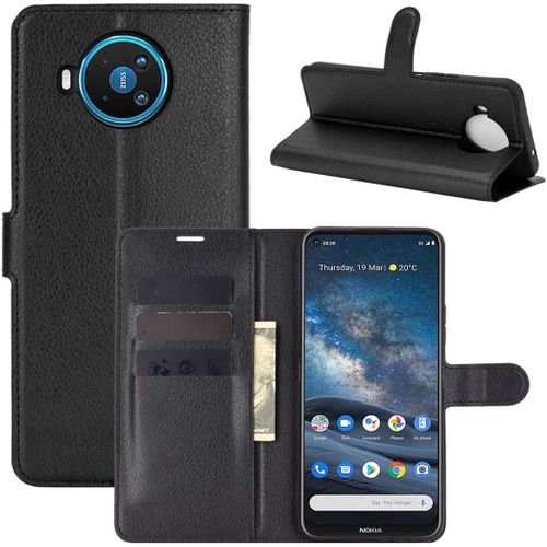 Étui Pour Nokia 8.3 6 81 Pouces Pu Cuir Housse Flip Coque Litchi Motif Avec Built Stand Et Magnétique Fermeture Carte Slot Portefeuille Shell De Protection Noir
