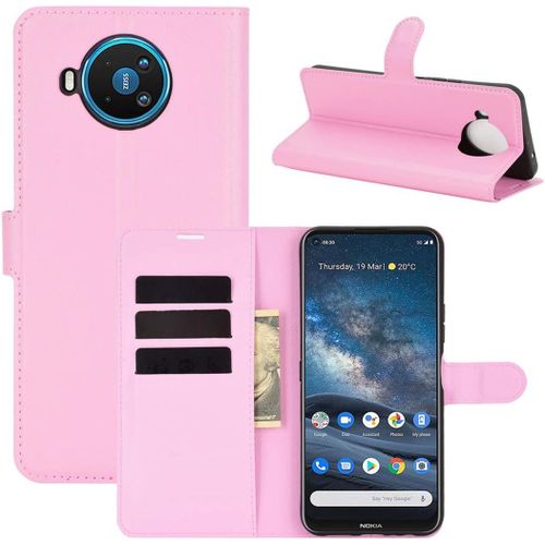 Étui Pour Nokia 8.3 6 81 Pouces Pu Cuir Housse Flip Coque Litchi Motif Avec Built Stand Et Magnétique Fermeture Carte Slot Portefeuille Shell De Protection Rose Chaud