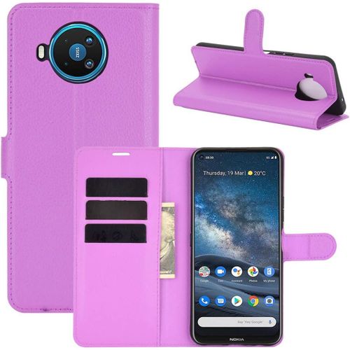 Étui Pour Nokia 8.3 6 81 Pouces Pu Cuir Housse Flip Coque Litchi Motif Avec Built Stand Et Magnétique Fermeture Carte Slot Portefeuille Shell De Protection Pourpre