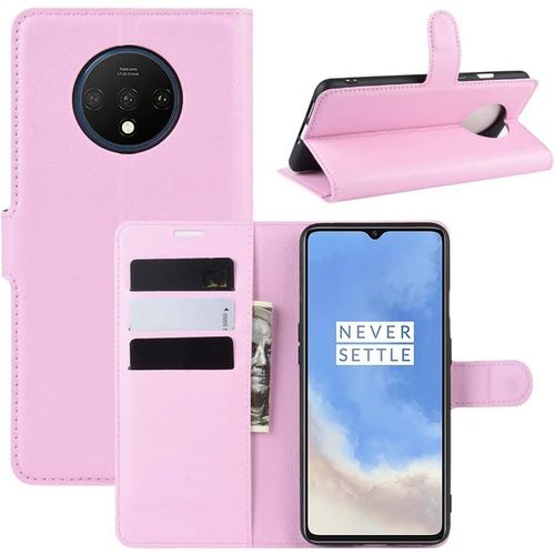 Étui Pour Oneplus 7t 6,55 Pouces Pu Cuir Housse Flip Coque Litchi Motif Avec Built Stand Et Magnétique Fermeture Carte Slot Portefeuille Shell De Protection, Rose Chaud