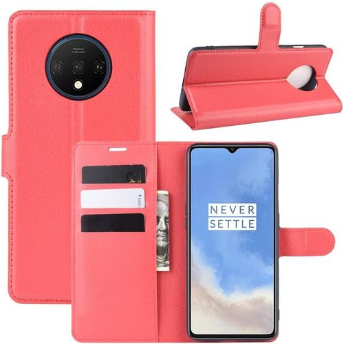 Étui Pour Oneplus 7t 6,55 Pouces Pu Cuir Housse Flip Coque Litchi Motif Avec Built Stand Et Magnétique Fermeture Carte Slot Portefeuille Shell De Protection, Rouge
