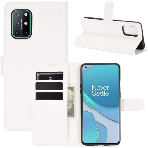 Étui Pour Oneplus 8t 6 55 Pouces Pu Cuir Housse Flip Coque Litchi Motif Avec Built Stand Et Magnétique Fermeture Carte Slot Portefeuille Shell De Protection Blanc