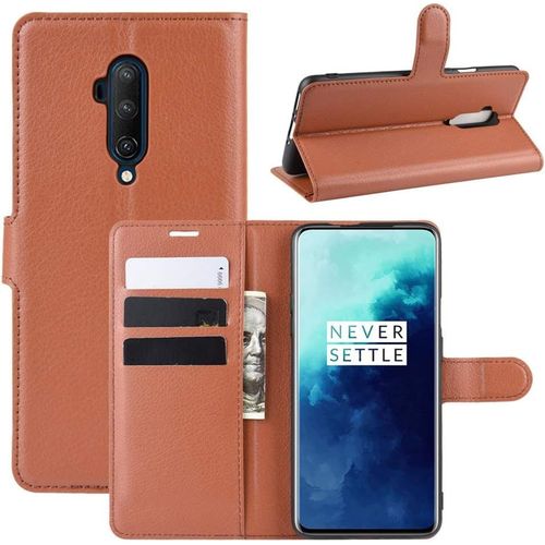 Étui Pour Oneplus 7t Pro 6,67 Pouces Pu Cuir Housse Flip Coque Litchi Motif Avec Built Stand Et Magnétique Fermeture Carte Slot Portefeuille Shell De Protection, Marron