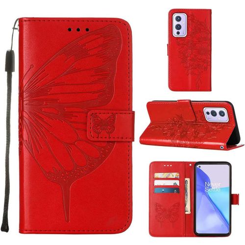 Étui Pour Oneplus 9 6 55 Pouces Pu Cuir Housse Flip Coque Papillon En Volant Motif Avec Built Stand Magnétique Fermeture Portefeuille Protection Cas Rouge