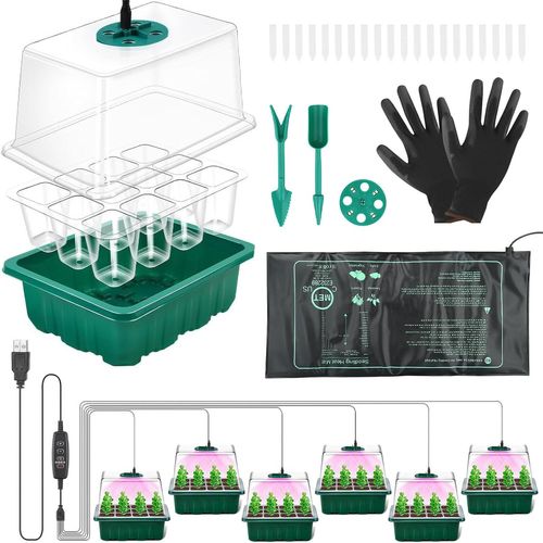 GOUTS ET COULEURSMini Serre Pour Plantes, 6 Pcs Mini Serre Interieur À 72 Cellules Avec Lampe Pour Plantes 8 Leds Et Tapis Chauffant Pour Semis Et Gants, Plateaux, Bacs À Semis