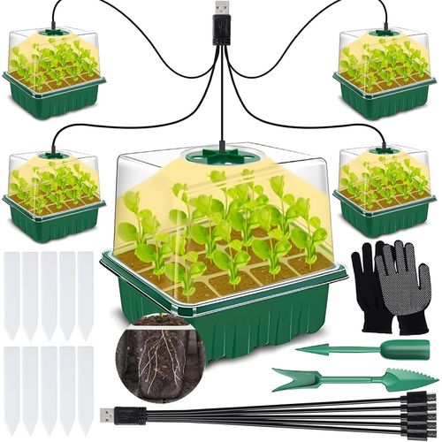 GOUTS ET COULEURSMini Serre Pour Plantes, Lot De 5 Mini Serres De Culture D'Intérieur Avec Lumière (Spectre Complet), Bac À Semis Avec Couvercle Haut Et Ventilation, 10 Étiquettes, 2 Outils, 1 Paire