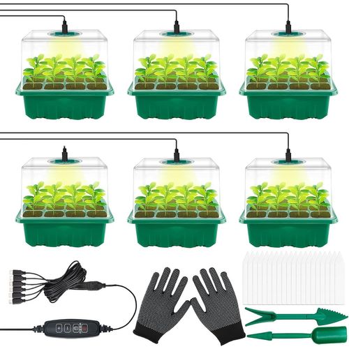 GOUTS ET COULEURS6 Pièces Mini Serre Pour Plantes Kit,Bac À Semis,Kit De Culture Serre Avec Led Luminosité Réglable,Plateau De Culture Pour Plantes Universel Intérieur,Serre Semis De Culture Avec Con