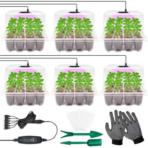 GOUTS ET COULEURS6 Pièces Mini Serre Pour Plantes Kit,Bac À Semis,Kit De Culture Serre Avec Led Luminosité Réglable,Plateau De Culture Pour Plantes Universel Intérieur,Serre Semis De Culture Avec Con