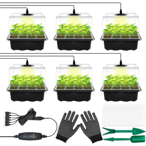 GOUTS ET COULEURS6 Pièces Mini Serre Pour Plantes Kit,Bac À Semis,Kit De Culture Serre Avec Led Luminosité Réglable,Plateau De Culture Pour Plantes Universel Intérieur,Serre Semis De Culture Avec Con
