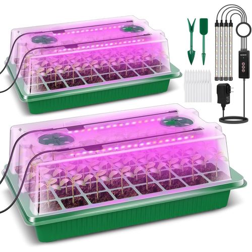 GOUTS ET COULEURSMini Serre Pour Plantes Avec Lumière De Croissance, 2 Pièces Mini Serre Avec Dôme D'Humidité, Serre Interieur Avec Minuterie Intelligente, 3 Modes, 4 Minutages, Bac À Semis Pour L'In