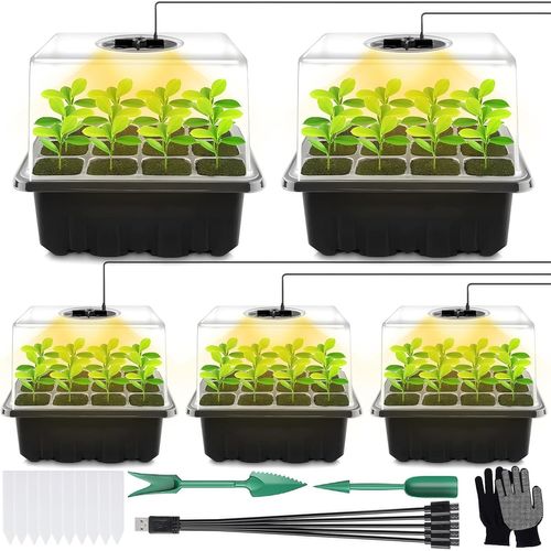 GOUTS ET COULEURSMini Serre Pour Plantes, Mini Serre Interieur, Lot De 5 Mini Serres De Culture D'Intérieur Avec Lumière (Spectre Complet), Bac À Semis Avec Couvercle Rehaussé Haut Et Ventilation