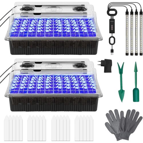 Gouts Et Couleursmini Serre Pour Plantes,2 Pièces 80 Cellules Intérieure Plateau Semis,Bac À Semis,Avec 4 Lampes De Culture,Gants,Etiquettes,Outils,Pépinière Boîte De Culture Durables Mini Serres.