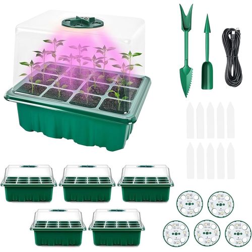 GOUTS ET COULEURSMini Serre Pour Semis, 5 Pièces Bacs À Semis, Bac À Semis Avec Lumière, Mini Serre Pour Plantes, Avec Couvercles Rehaussés, 10 Étiquettes 2 Outils, Pour Semis Plante