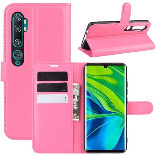Étui Pour Xiaomi Mi Note 10/ Note 10 Pro Pu Cuir Housse Flip Coque Litchi Motif Avec Built Stand Et Magnétique Fermeture Carte Slot Portefeuille Shell De Protection, Rose