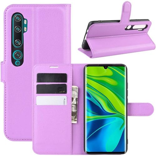 Étui Pour Xiaomi Mi Note 10/Note 10 Pro Pu Cuir Housse Flip Coque Litchi Motif Avec Built Stand Et Magnétique Fermeture Carte Slot Portefeuille Shell De Protection Pourpre