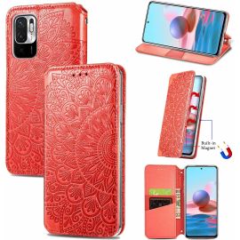 Étui Pour Xiaomi Redmi Note 10 Je 6 5 Pouces Pu Cuir Housse Flip Coque Mandala Motif Avec Built Stand Et Magnétique Auto Adsorption Portefeuille Protection Cas Rouge