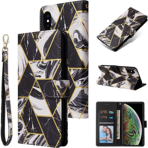 Étui Portefeuille Pour Apple Iphone Xs Max 6.5"" Cuir En Cuir Pu De Qualité Supérieure Avec Fermeture Magnétique Motif Marbre Géométrique Leather Protection Couverture Case Cover Cuir ,Noir