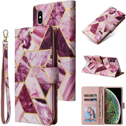 Étui Portefeuille Pour Apple Iphone Xs Max 6.5"" Cuir En Cuir Pu De Qualité Supérieure Avec Fermeture Magnétique Motif Marbre Géométrique Leather Protection Couverture Case Cover Cuir ,Rouge