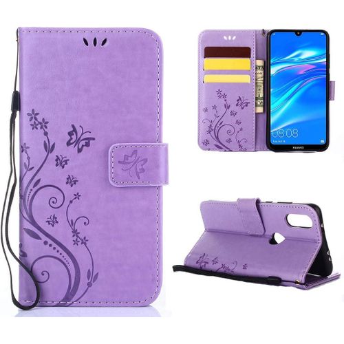 Coque Huawei Y6 Pro 2019 Retro Dlowers Pattern Design Coque Pu Cuir Flip Housse Étui Cover Case Wallet Portefeuille Pour Huawei Y6 Pro 2019violet