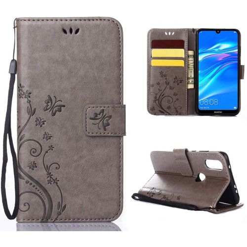 Coque Huawei Y6 Pro 2019, Coques Motif Fleur Rétro, Conception Durable Etui Portefeuille Pour Huawei Y6 Pro 2019 Gris