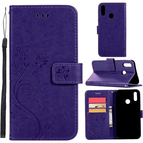 Coque Huawei Y6 Pro 2019, Coques Motif Fleur Rétro, Conception Durable Etui Portefeuille Pour Huawei Y6 Pro 2019 Violet Foncé