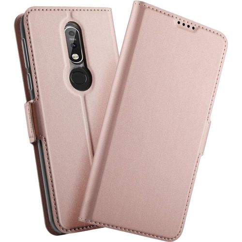 Coque Nokia 7.1, Etui À Rabat En Cuir Pu Ultra Silm, Housse Portefeuille En Cuir Pu Avec Fente Pour Carte Fermeture Magnétique Pour Nokia 7.1, Série Or Rose