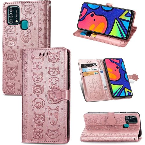 Coque Samsung M21s Étui En Cuir Samsung Galaxy F41 Flip Cover Cute Chat Chiot Motif Housse 360 Etui A Rabat Cover Magnetique Fonction Stand Et Fentes De Carte De Crédit Pochette Or Rose