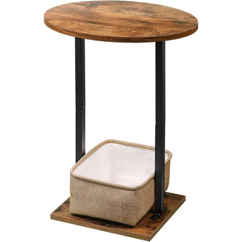 Gouts Et Couleurstable D'appoint, Bout De Canapé Ronde Moderne Avec Panier En Tissu, 61cm Petite Meuble D'appoint En Bois Avec Structure En Métal Pour Salon Chambre Balcon Terrasse, Vintage Marron-No