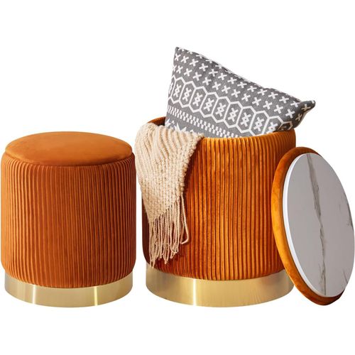 Gouts Et Couleursset De 2 Armoires Ottomanes Rondes, Vanité En Velours Pour Le Maquillage, Table Basse Rembourrée Moderne, Repose - Pieds Multifonctions Pour Salon Et Chambre À Coucher, Orange Wbd005