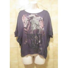 T-Shirt Bleu Foncé Grandes Fleurs + Perles Style Gothique, Manches Chauve-Souris, T. 34 Ou T. 36