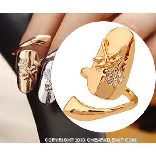 Bague D'Ongle, De Phalange / Ongulaire French Manucure) - Libellule & Fleur - Métal Doré + Strass - Taille Ajustable -