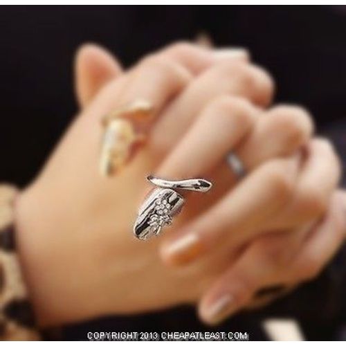 Bague D'Ongle, De Phalange / Ongulaire French Manucure) - Libellule & Fleur - Métal Argenté + Strass - Taille Ajustable -