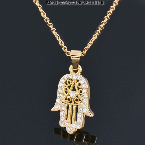 Collier Pendentif Main De Fatma Hamsa - Strass Sur Métal Doré