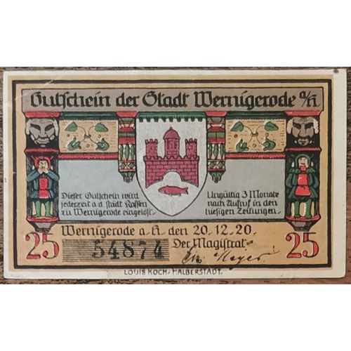 Billet Allemagne 25 Pfennig 12/1920 Wernigerode Grm 1407,1 1/2