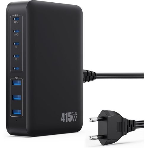 415W Usb C Charger, 8 Ports Quick Charger Gan Iv Tech Usb Power Strip With 5C & 3A Outputs, Two Pd 100W Pps Multiple Charging Station Compatible With Macbook Pro/Air Laptop, Iphone, Galaxy-Black