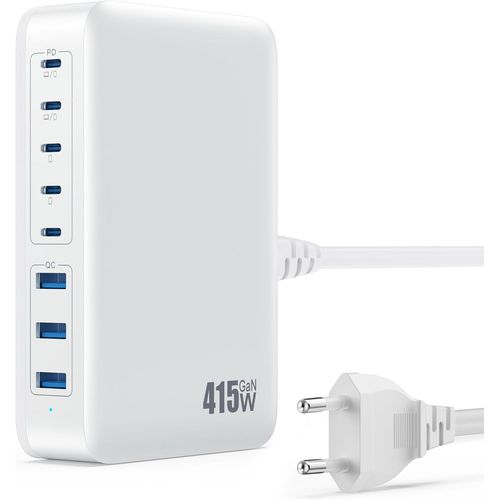 415W Usb C Charger, 8 Ports Quick Charger Gan Iv Tech Usb Power Strip With 5C & 3A Outputs, Two Pd 100W Pps Multiple Charging Station Compatible With Macbook Pro/Air Laptop, Iphone, Galaxy-White