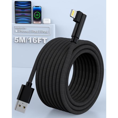 Shiliu-Câble Iphone 5m/16ft,Câble Pour Iphone [Certifié-Mfi] 90 Degrés Chargeur Iphone Câble Lightning Chargeur Longue Tressé Nylon[