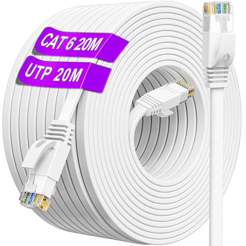SHILIU-Câble Ethernet 20m, Cat 6 Câble Réseau 20m Plat, Cable RJ45 20m Blanc Gigabit 10/100/1000Mbit/s Cable Internet Haut Débit Pa[