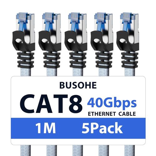 SHILIU-Cat 8 Câble Ethernet 1m (5 Pièces), Câble Réseau LAN Gigabit RJ45 Plat Haut Débit, Tressé Cable Internet 40Gbps 2000Mhz Comp[