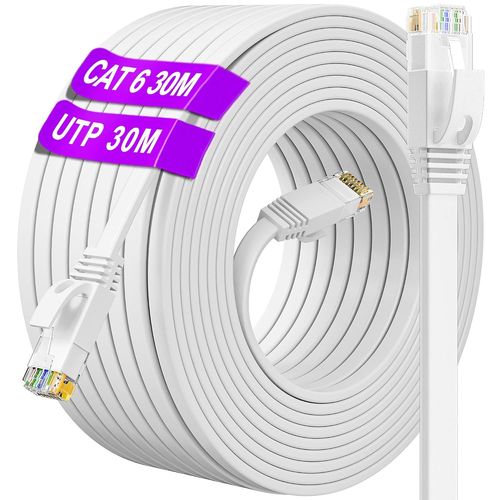 SHILIU-Cable Ethernet 30m, Cat 6 Cable RJ45 30m Blanc Câble Réseau Long Cable Internet Haut Débit 1000Mbps 250MHz, Plat Patch Câble[