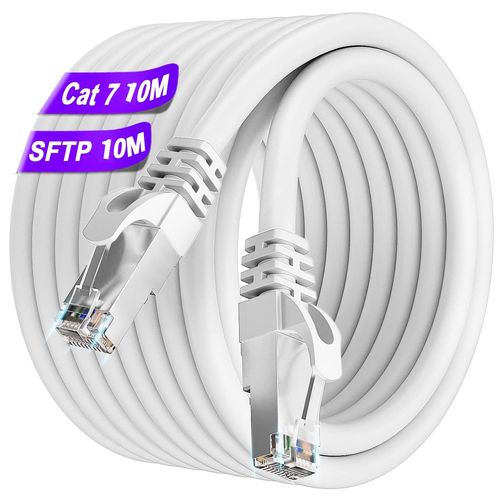 SHILIU-Cable Ethernet 10m Cat 7, Cable RJ45 Blindé Haute Vitesse 10Gbit/s 600MHz S/FTP Câble Réseau Blanc Gigabit Extérieur Impermé[