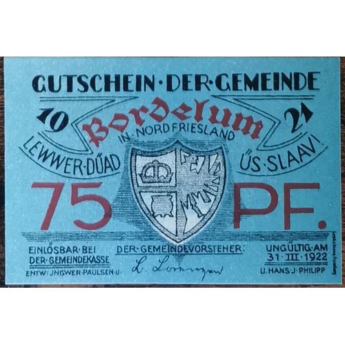 Billet Allemagne 75 Pfennig 03/1922 Bordelum Grm 143,1 2/3