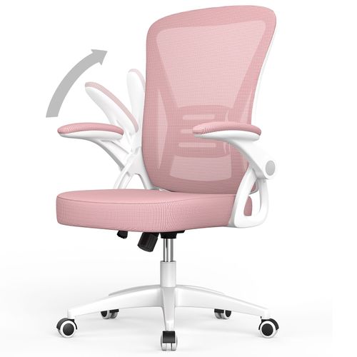 Chaise De Bureau, Avec Accoudoir Pliable, Fauteuil De Bureau En Maille Respirante, Avec Soutien Lombaire, Dossier Inclinable 15°, Rose