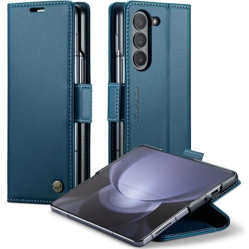 Coque Pour Samsung Galaxy Z Fold 5 5g Étui En Cuir Premium Portefeuille Housse À Rabat Avec 3 Porte-Cartes Support Magnétique Folio Flip Case Cover - Bleu