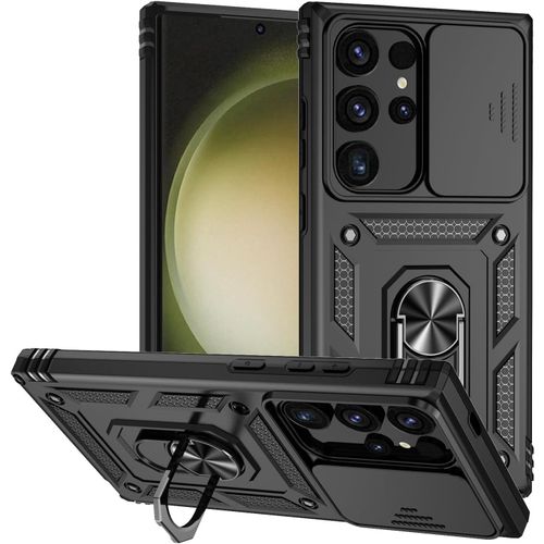 Coque Pour Samsung Galaxy S24 Ultra 5g Avec Cache Caméra Et Béquille, Couvercle Coulissant De La Caméra + Support Annulaire À 360 Degrés Etui Housse Antichoc - Le Noir