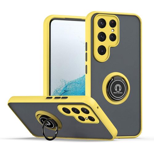 Coque Pour Samsung Galaxy S24 Ultra 5g, Etui Téléphone Antichoc Avec Anneau De Support, Hard Pc Et Tpu Bumper Mat Translucide Case Cover - Jaune