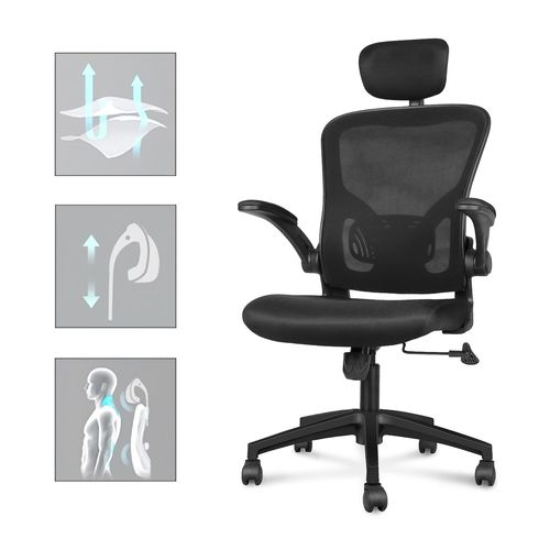 Chaise Bureau Ergonomique, Appuie-Tête Et Accoudoir Réglables, Maille Respirante, Support Lombaire Réglable, Noir