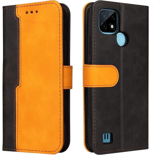 Housse Pour Telephone Realme C21 Etui Pu/Tpu Rétro Retourner Cuir Coque Magnétique Anti Chute Portefeuille Protection Case Cover Orange