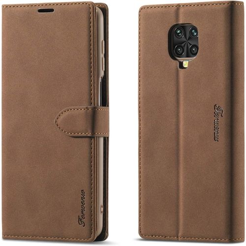 Etui Coque Compatible Pour Xiaomi Redmi Note 9s/Note 9 Pro Max, Premium Housse Etui De Protection Portefeuille Livre Cuir Multifonction, Antichoc Tpu Fermeture Magnétique -Brun